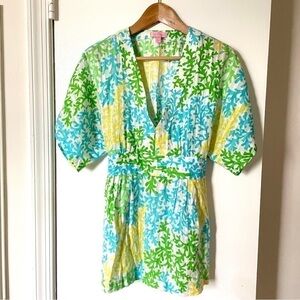 Lilly Pulitzer coral print v-neck kimono tunic top waist-tie coverup Small